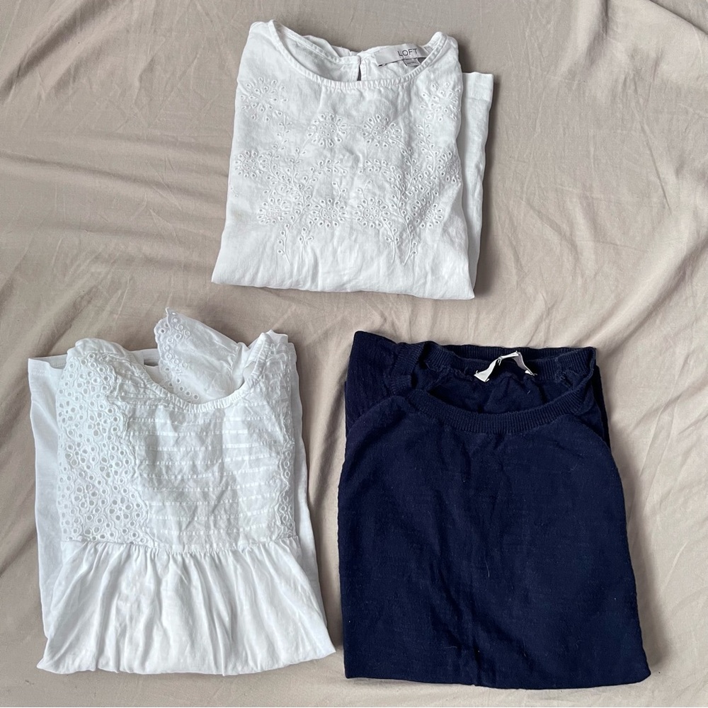 LOFT White and Navy Eyelet Blouses bundle of 3
